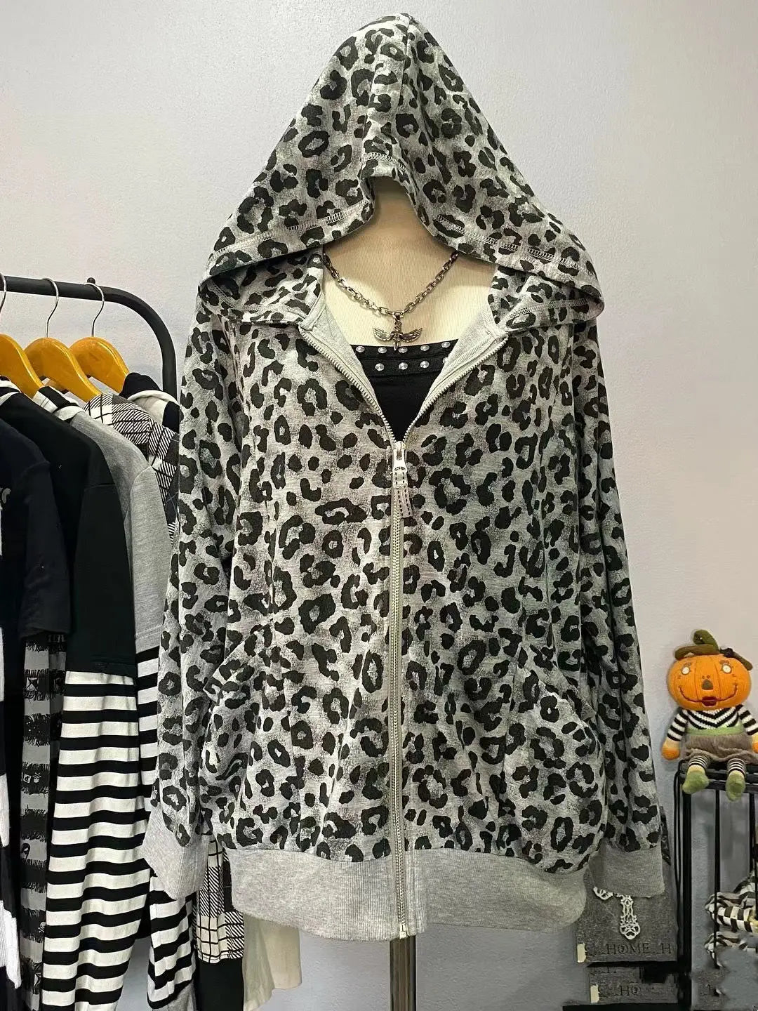 BXOXO Zip Up Hoody Oversized Tops Winter Clothes Vintage Streetwear Graphic Hoodies Long sleeves Leopard  2000s Gothic Punk Y2K Hoodie