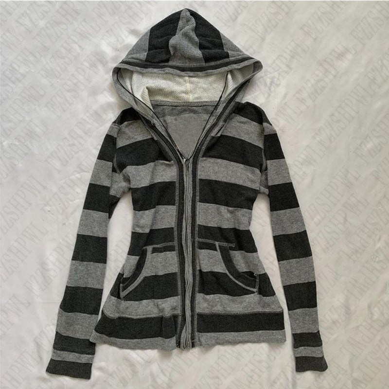 Bxoxo Street striped zipper cardigan Women's sweatshirt retro Harajuku emo girl punk hip-hop Y2K casual versatile Women fashion jacket