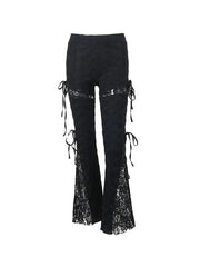 Textured Cutout Lace Splice Tie Up Flare Leg Pants