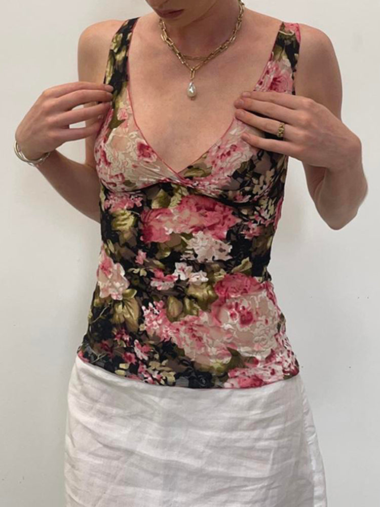 BXOXO - summer inspo Sweetown French Romantic Colorful Floral Print Lace Vest Sleeveless V Neck Slim Elegant Sexy Summer Vacation Boho Tank Top Women