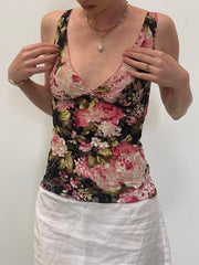 BXOXO - summer inspo Sweetown French Romantic Colorful Floral Print Lace Vest Sleeveless V Neck Slim Elegant Sexy Summer Vacation Boho Tank Top Women