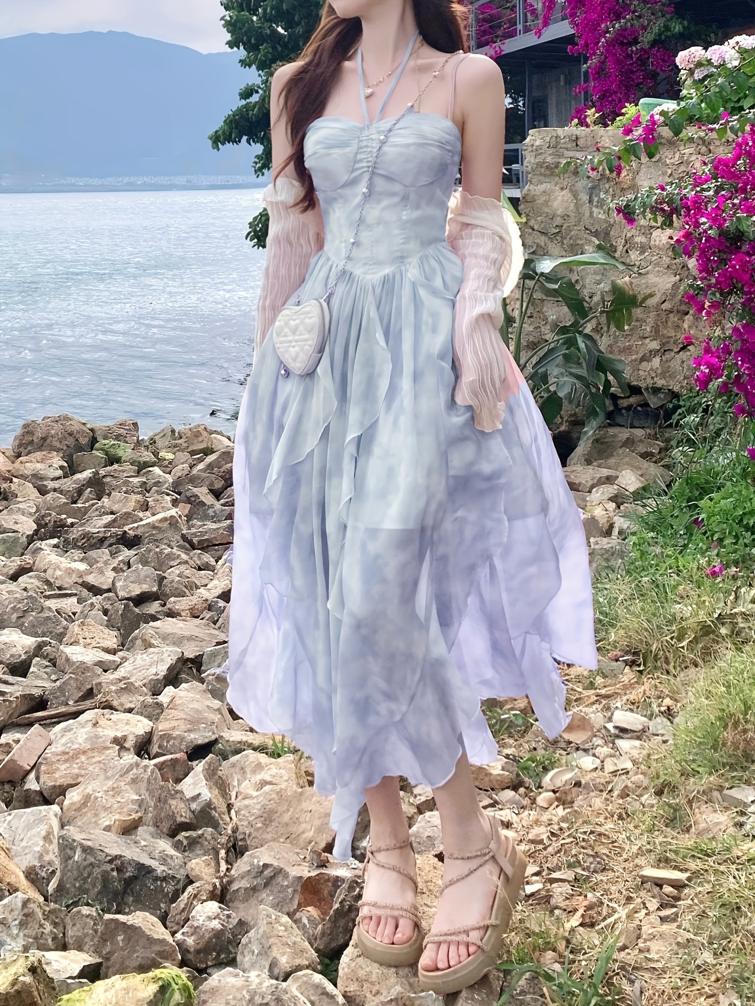 BXOXO [French Style] Cherry Blossom Pink Tie-Dye Suspender Dress - French Style, Gradient Dyeing, Floral Irregular Hem - Women's Summer Vacation Long Dress
