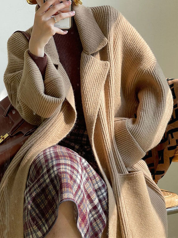 BXOXO Long Sleeves Loose Pockets Solid Color Tied Waist Notched Collar Cardigan Coats