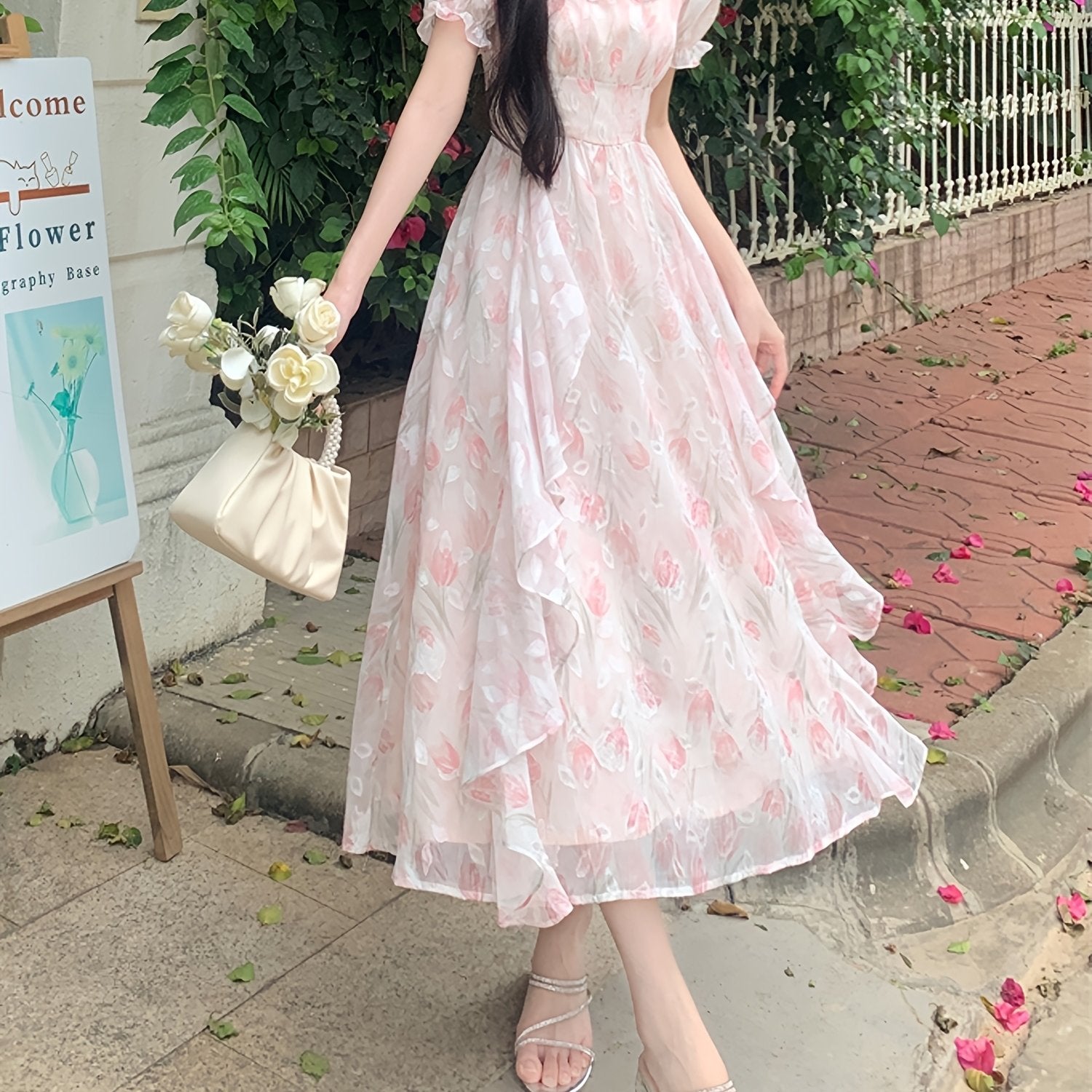BXOXO Polyester Casual Square Neck Puff Sleeve Short Floral Midi Trapeze Fit and Flare Shirred A-Line Dress, No Belt, No Padding, H Contour, Regular Fit, Woven, 100% Polyester Lining, 90g/㎡ Fabric Weight, 56g/㎡ Lining Wei