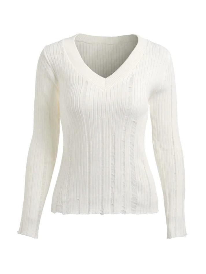 V Neck Tattered Slim Long Sleeve Knit