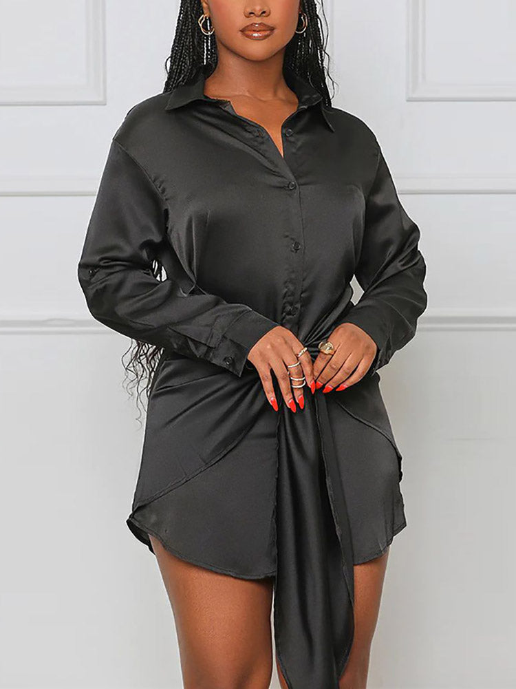 Satin Tie Waist Shirts Dress