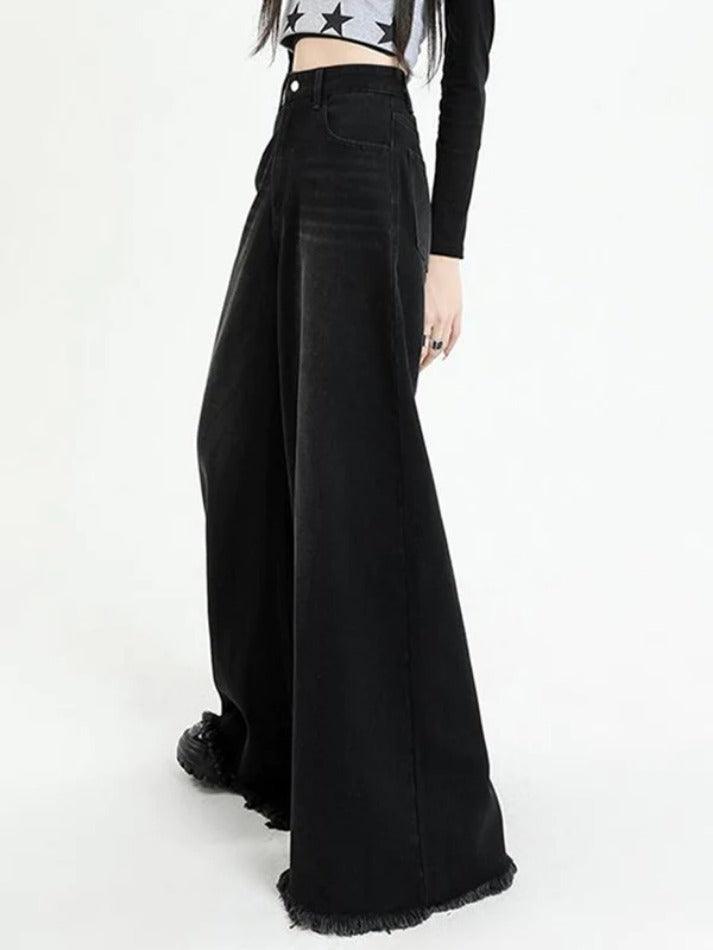 Versatile Black Raw Edge Wide Leg Boyfriend Jeans
