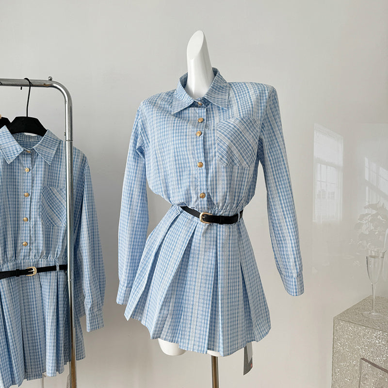 BXOXO - summer inspo Women Fashion Dress Autumn New Plaid High Waist Long Sleeves Vintage Shirt Dress Temperament Casual Dress