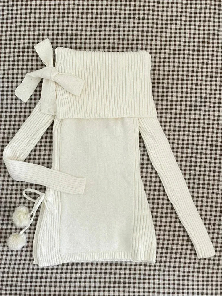 BXOXO Winter Kawaii Sweet 2 Piece Set Woman Off Shoulder Bow Knitted Tops + Mini Cake Skirt Female Korean Fashion Casual Suit 2025 New