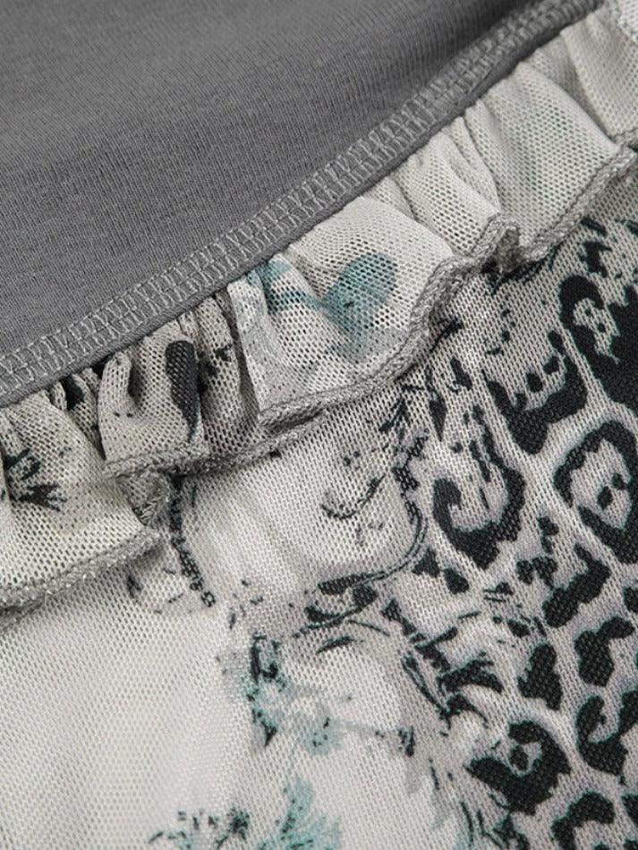 Vintage Print Splice V Neck Long Sleeve Tee