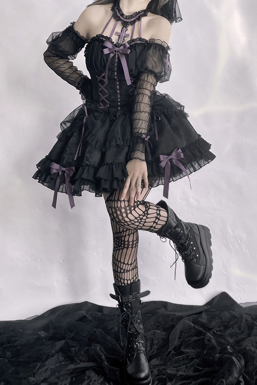 BXOXO - Black Purple Tube Top Sleeveless Blowknot Ruffled Gothic Lolita Tiered Dress