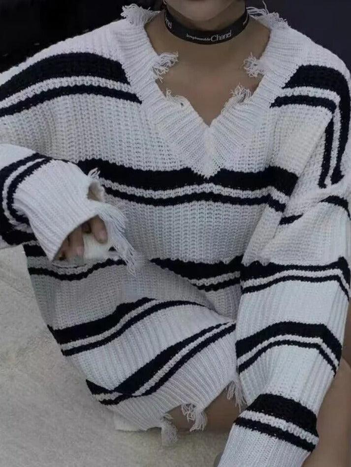 Striped V Neck Frayed Tassel Knit Sweater