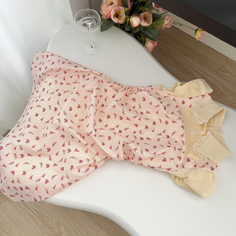 BXOXO - summer inspo Fake Two Pieces of Bow Printed Short Sleeved Dress for Women Summer New Fashion Elegant Slim Fit Mini Dresses