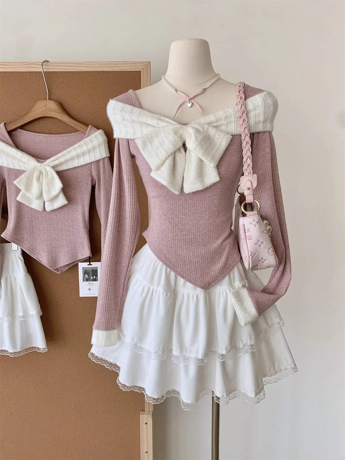 BXOXO Autumn Winter Women Korean Fashion Ballet Core Girl Outfits 2 Piece Set Long Sleeve Sweet Bow Crop Tops + Mini Skirt Coquette
