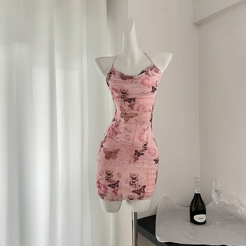BXOXO - summer inspo Butterfly Printed Suspender Dress Spicy Girl Swing Collar Summer Sweet Chic Design Sense Backless Slim Fit Hip Wrap Dress