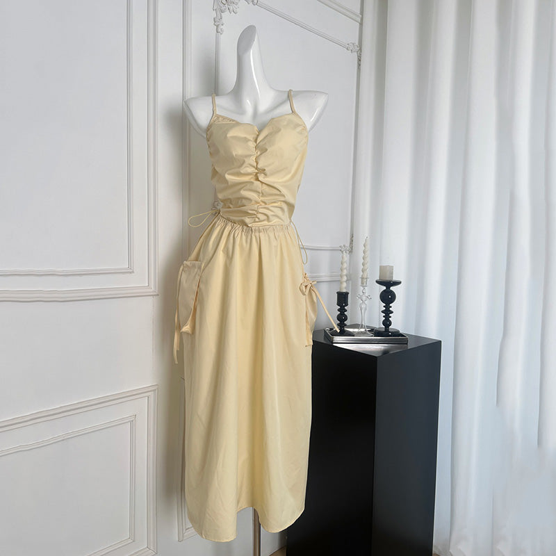 BXOXO - summer inspo Fashion Suspender Dress Women's 2025 Summer High Waist Slim V-Neck Pleated Long Dress Leisure Holiday Sling Dresses