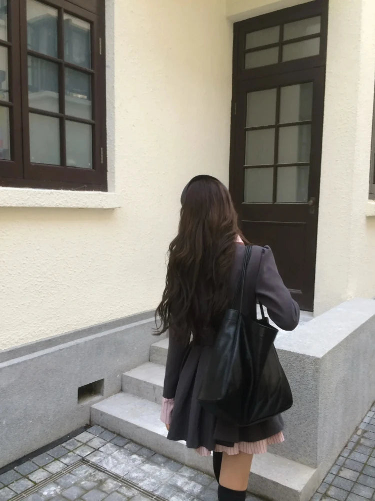 BXOXO Women Korean College Preppy Mini Fake Two Pieces Shirt Dress Korean Chic Girl Bow Frock Long Sleeve One-Piece 2000s Sweet Y2k