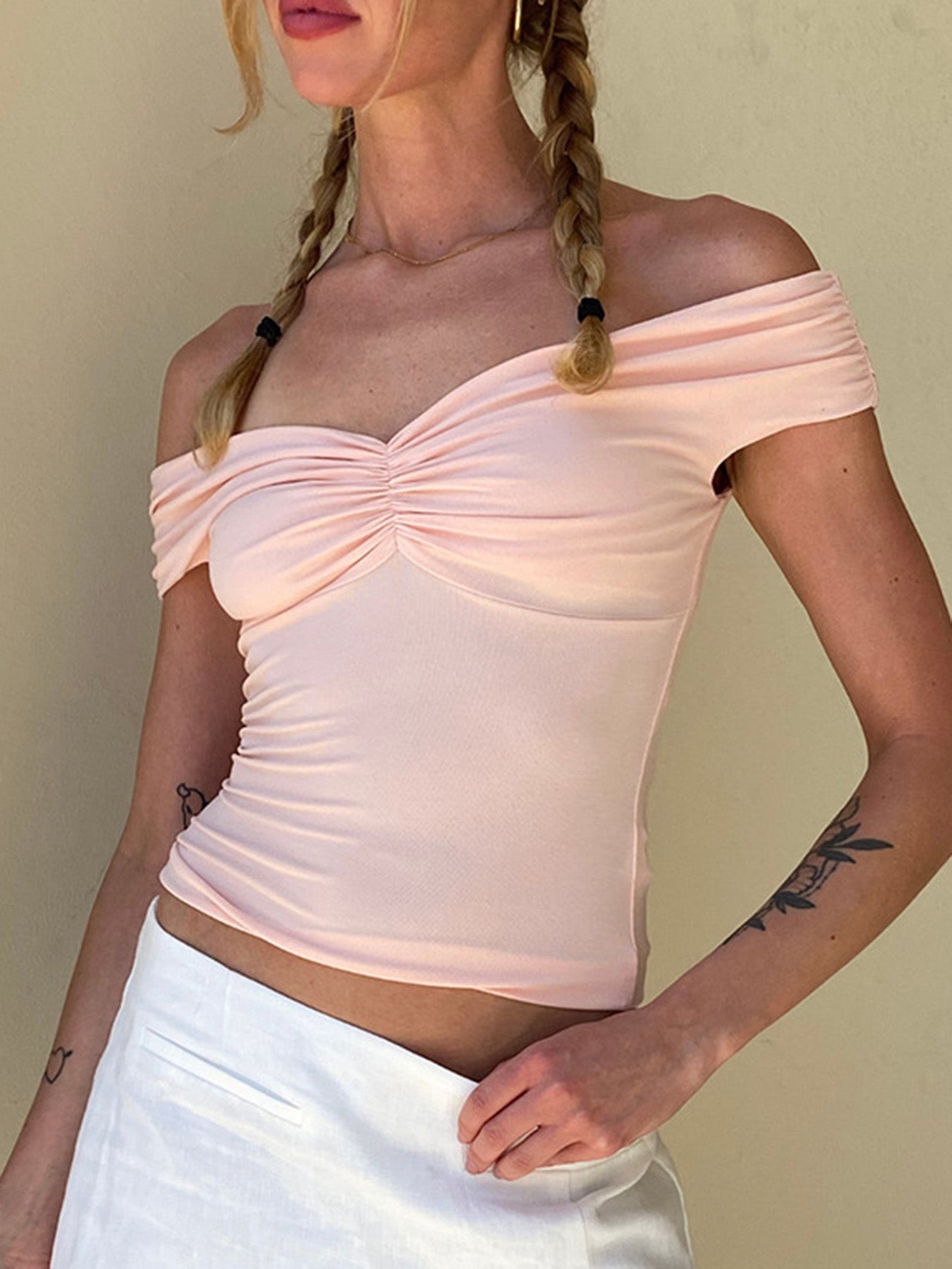 BXOXO - summer inspo Off Shoulder Solid Ruched V Neck Slim Basic Cropped Tee Shirt Women