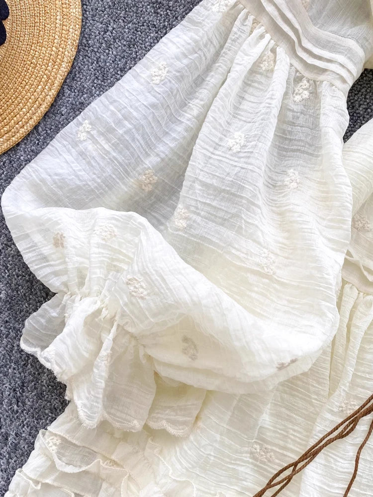 BXOXO France Elegant Vintage Palace Evening Dress Women Embroidery Ruffle Flounce Party Dress Female Casual Beach Vacation Clothing