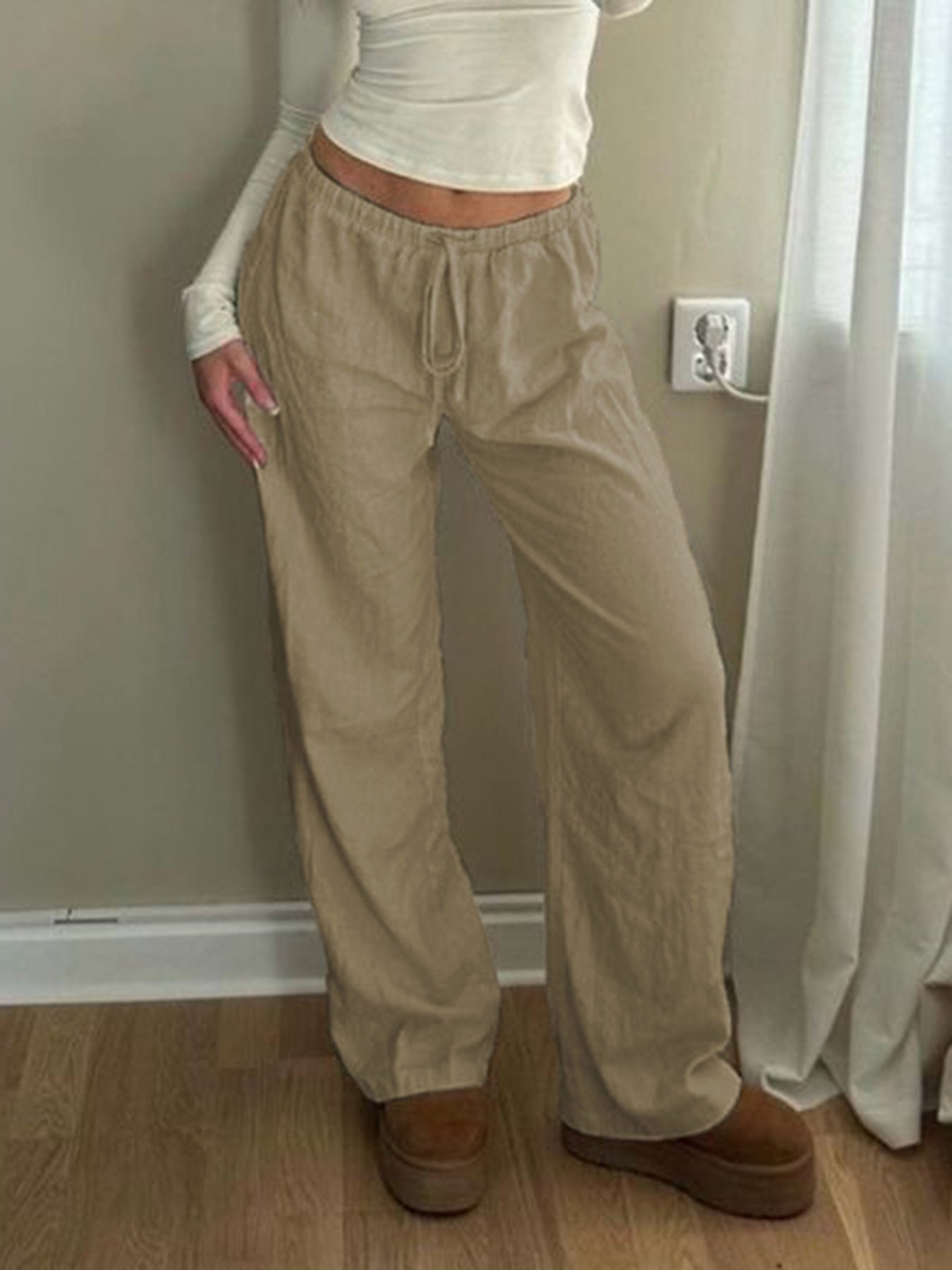 BXOXO - summer inspo Sweetown Solid Loose Casual Boho Straight Leg Pants For Women Simple Lazy Comfortable Summer Vacation Trousers