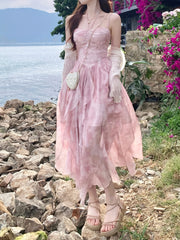 BXOXO [French Style] Cherry Blossom Pink Tie-Dye Suspender Dress - French Style, Gradient Dyeing, Floral Irregular Hem - Women's Summer Vacation Long Dress