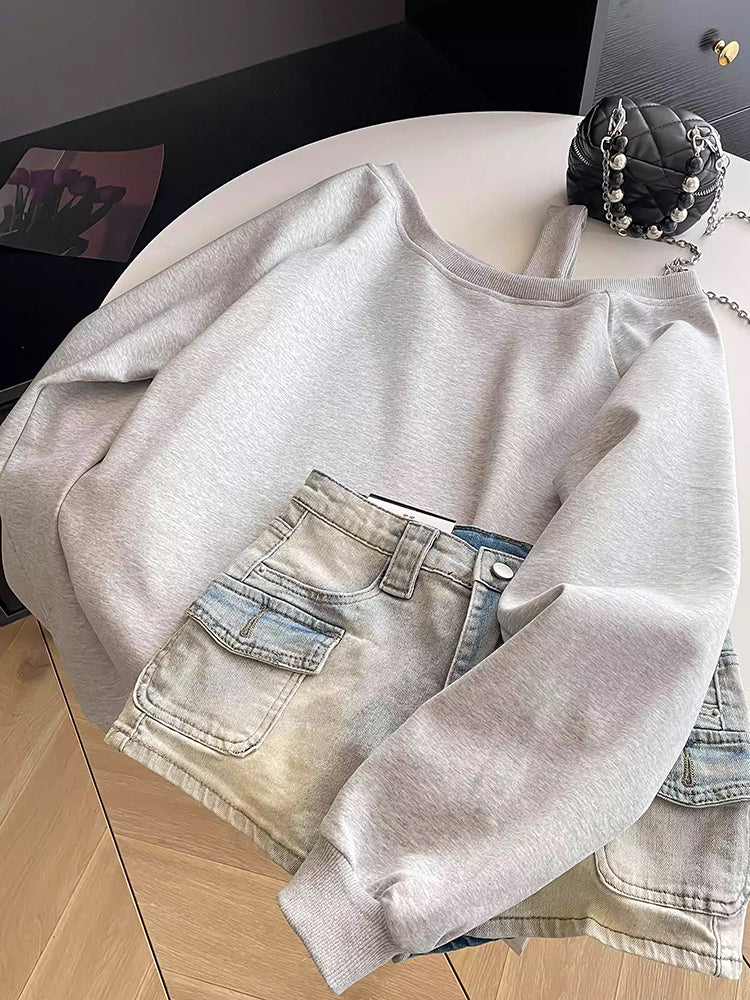 BXOXO - summer inspo Autumn New Women Loose Off Shoulder Sweatshirt Korean Lazy Style Pullover Tops Casual Versatile Solid Color Long Sleeve Tops