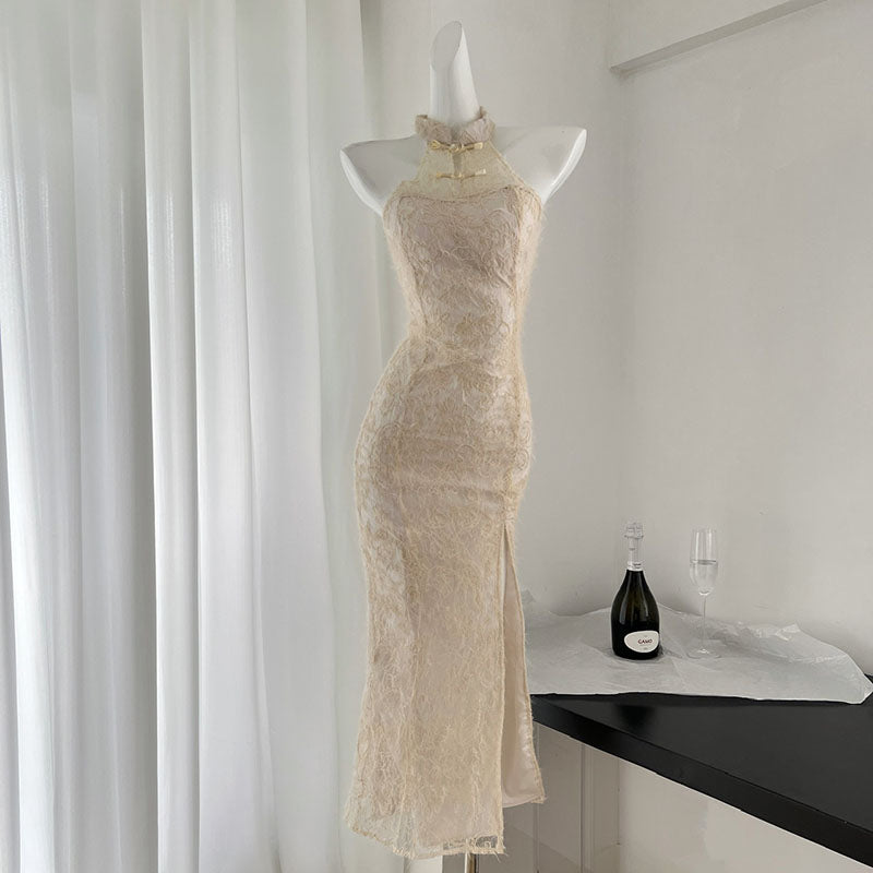 BXOXO - summer inspo 2025 Summer New Chinese Style Qipao Women Sexy Elegant Halter Sleeveless Dress Fashion Slim Fit Hip Wrap Dress
