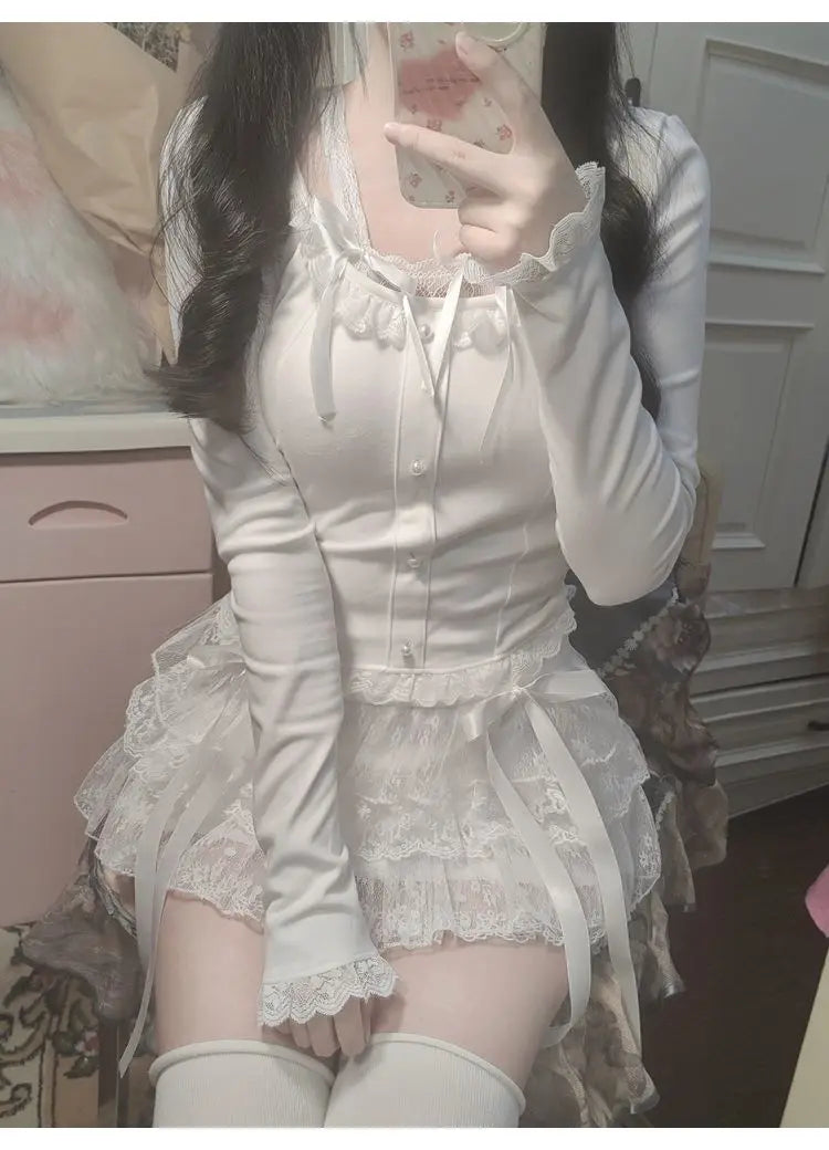BXOXO Y2k Lace Sweet Girl Korea Summer Skirts Women Clothes White MIni Skirt High waist Loose Grunge Kawaii Cute A-line Fluffy Skirt
