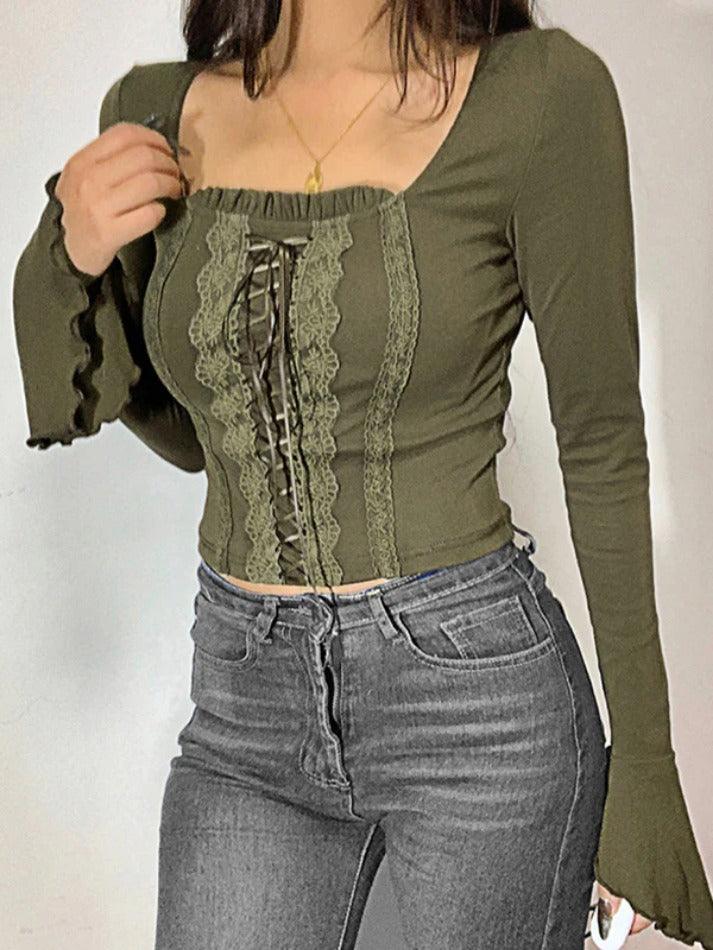 Vintage Lace Trim Splice Square Neck Long Sleeve Tee