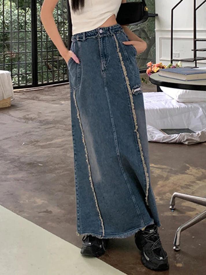 Vintage Raw Edge Splice Slit A Line Maxi Skirt