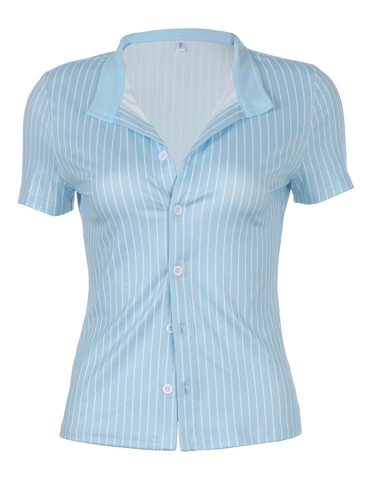 BXOXO - summer inspo Sweetown Blue Stripe Short Sleeve Shirts For Women Button Up Turn Down Collar Slim Simple Casual Preppy Tops Basic Summer Tees