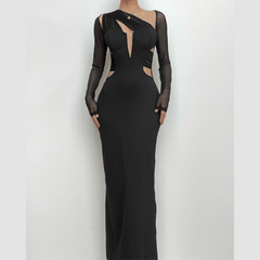 Long Sleeve Mesh Irregular Patchwork Slit Maxi Dress