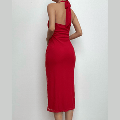 V Neck Solid Halter Flower Applique Backless Slit Midi Dress