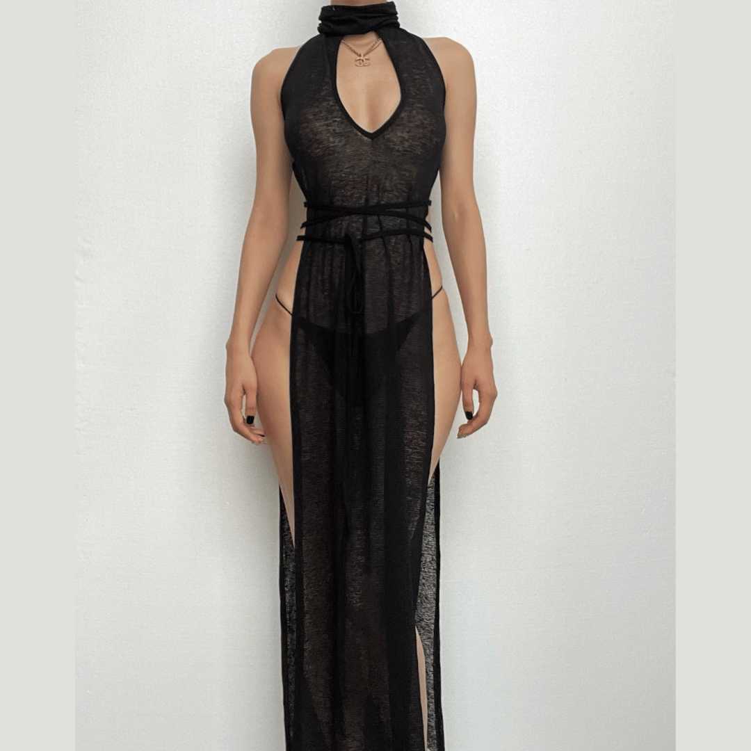 BXOXO Sleeveless Hoodie Low Cut Slit Self Tie Turtle Neck See Through Maxi Dress