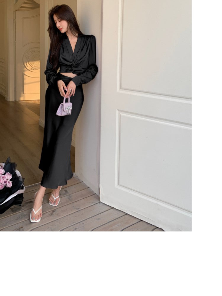BXOXO party look inspos Autumn Korean Solid 2 Pieces Set Women Elegant V-Neck Long Sleeve Pleated Shirt Tops and High Waist A-Line Mermaid Skirt Suits