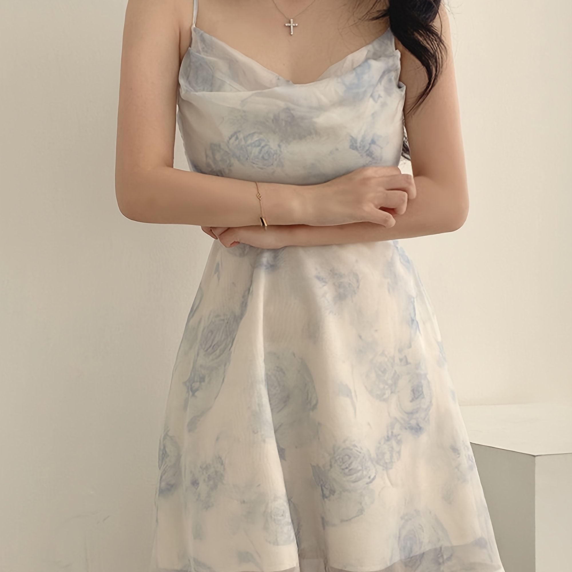 BXOXO [Elegant | Ink Wash] Elegant | A-Line Camisole Dress for Women | Ink Wash Painting Print Mesh Spliced Design, Featuring a Back with Adjustable Hollow Sexy Shoulder Straps