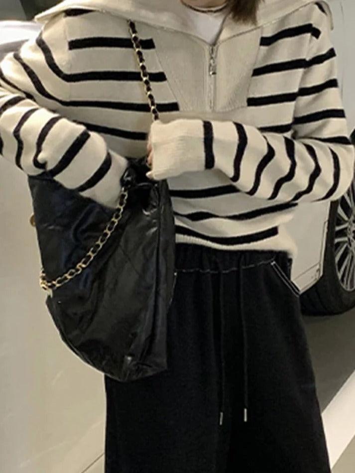 Stripe Splice Lapel Neck Half Zip Sweater