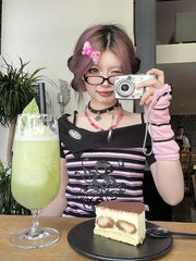 BXOXO Y2k Punk Sexy Women Clothing Gothic Stripe Streetwear Pink One shoulder Kawaii Skulls Aesthetic T Shirts 2000s Grunge Crop Top