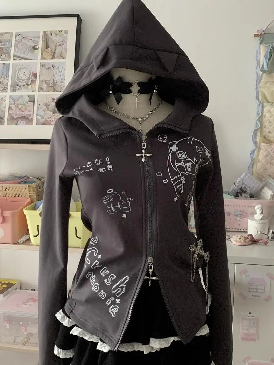 BXOXO Kawaii Hoodie Winte Clothes Vintage 2000s Hoodies Zip Up Hoody Cute Korea Slim Streetwear Sweet Girl Sweatshirts Cat Y2k Tops
