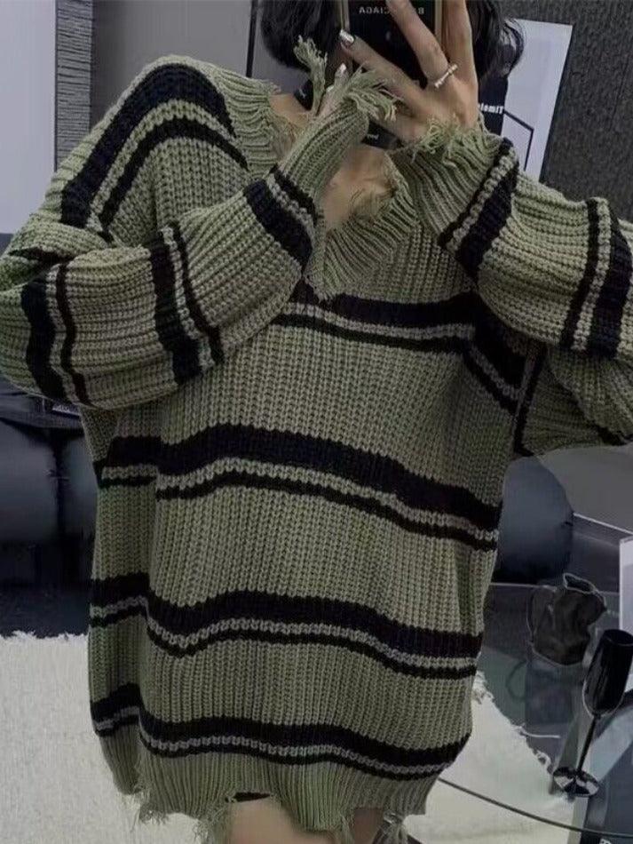 Striped V Neck Frayed Tassel Knit Sweater
