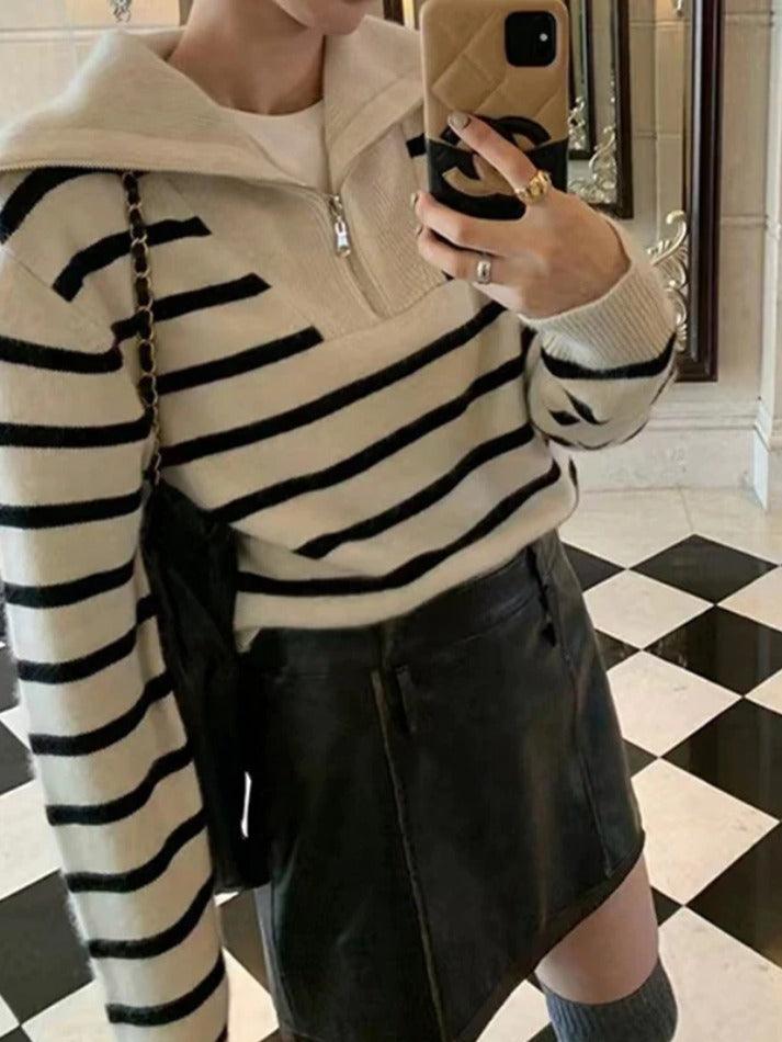 Stripe Splice Lapel Neck Half Zip Sweater