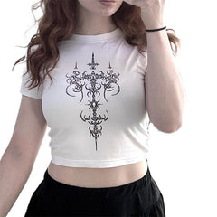 Bxoxo Gothic Punk Rock Y2K Emo Girl Grunge vintage Women's Crop Tops Sexy Slim Harajuku Chic Geometric Pattern Print O-Neck Baby Tops