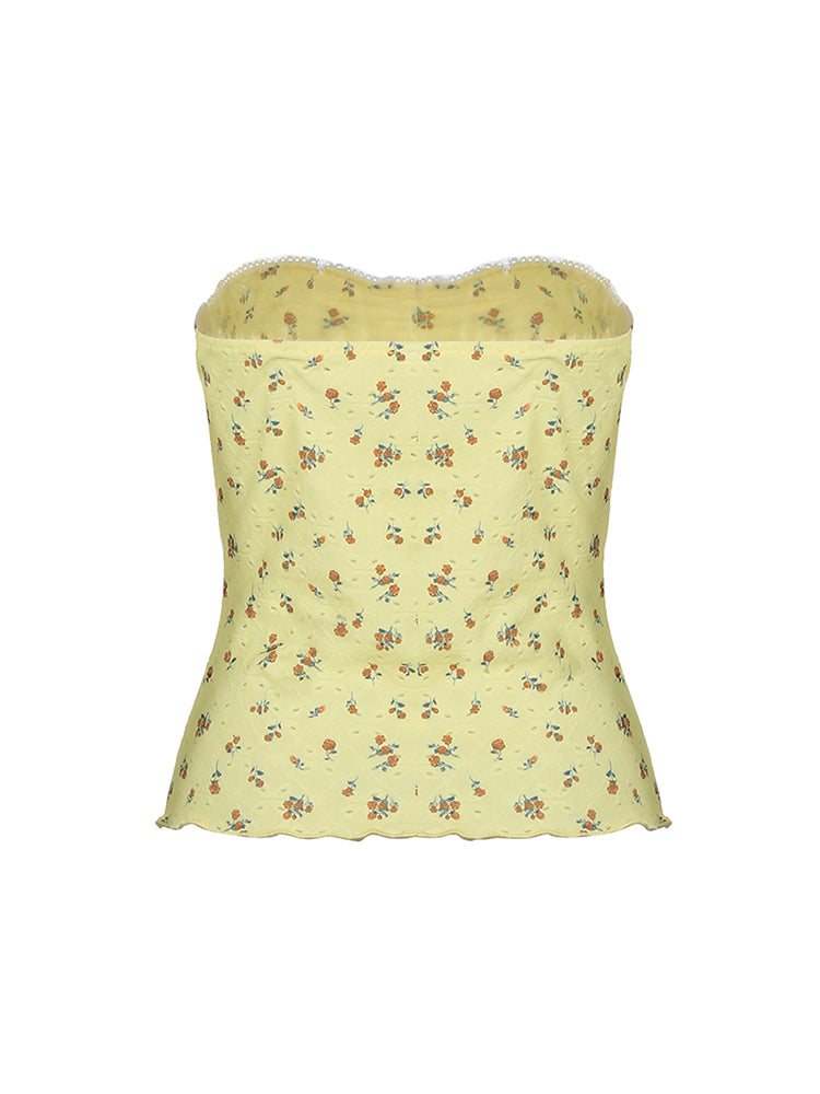BXOXO - summer inspo Yellow Floral Print Sleeveless Strapless Slim Cute Y2K Tube Top Women Lace Trim Shirring 2000sSummer Holiday Clothing