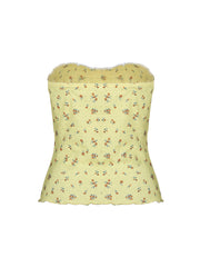 BXOXO - summer inspo Yellow Floral Print Sleeveless Strapless Slim Cute Y2K Tube Top Women Lace Trim Shirring 2000sSummer Holiday Clothing