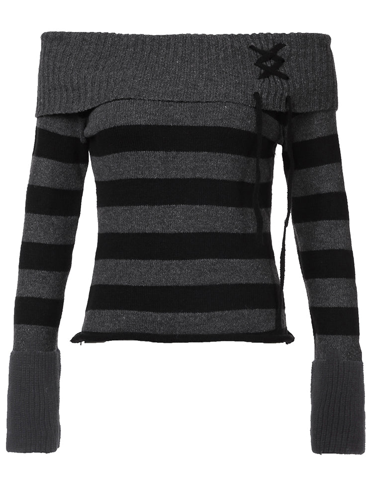 BXOXO - summer inspo Off Shoulder Slim Knitted Stripe Jumper Women Lace-Up Slash Neck Long Sleeve Sweater Tee Korean Fashion Street Knittwear
