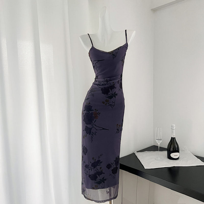 BXOXO - summer inspo 2025 Korean Fashion Purple Casual Floral Midi Dress Summer Elegant Vacation Dress Summer Women Party Strap Dress