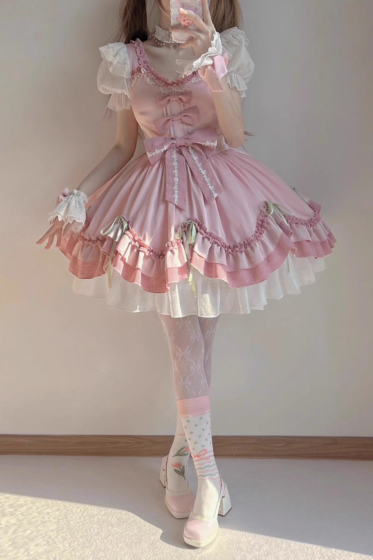 BXOXO - White/Pink Short Sleeves Ruffle Bowknot Princess Sweet Lolita OP Dress