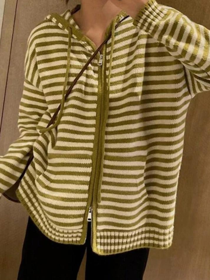 Striped Hooded Double Zip Knit Cardigan