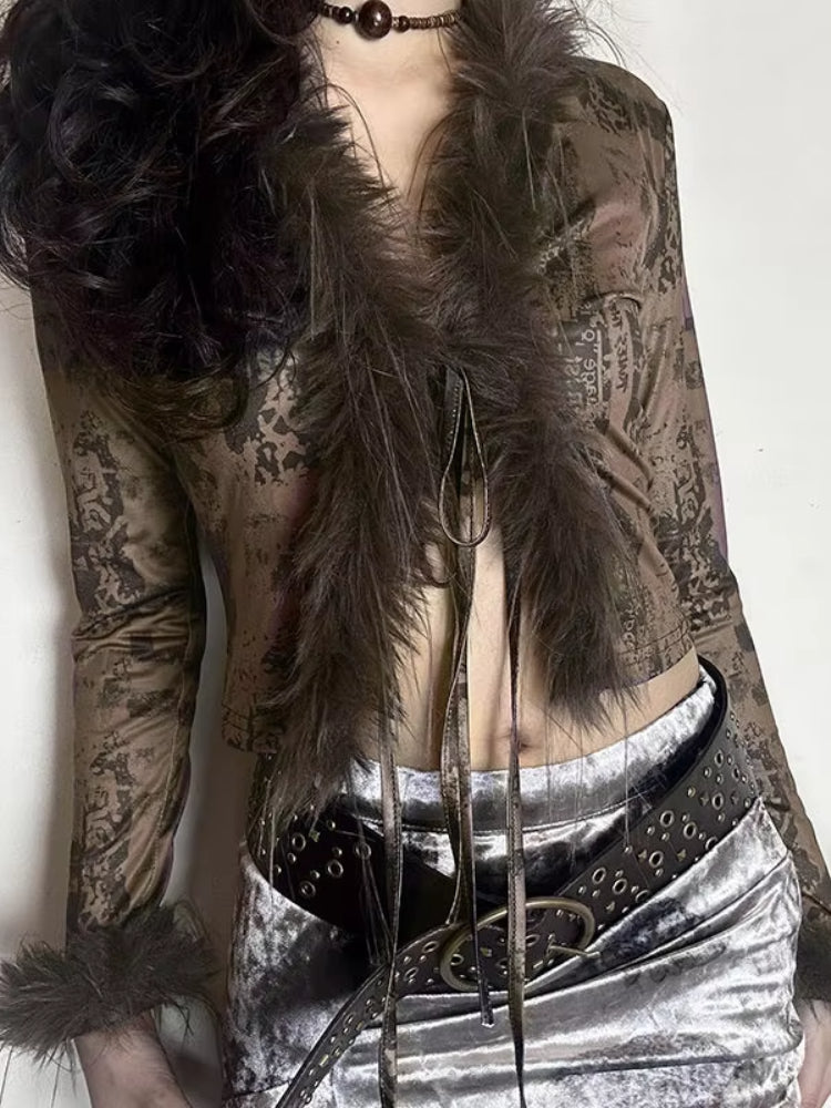 BXOXO Vintage Sexy Faux Fur Tops Women Y2k V-neck Printed Long Sleeve T-Shirts Punk Streetwear Patchwork Grunge Crop Gothic