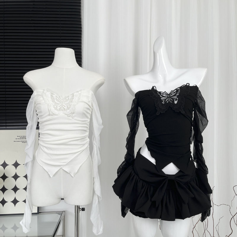 BXOXO - summer inspo Women's Sexy chic butterfly design Fashion Shirt Fall Black Off-the-shoulder Lace Party Blouse Chic Y2K Elegant Short Blous